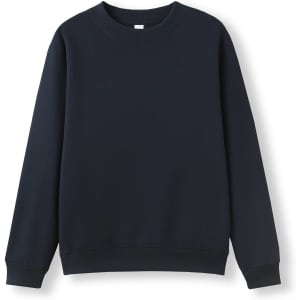 A navy blue kids' crew neck jumper with long sleeves and ribbed cuffs, featuring a logo on the front.
