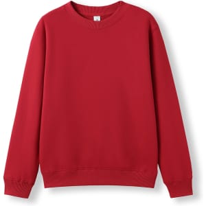 A red crew neck jumper featuring long sleeves and ribbed cuffs. The item includes a logo.