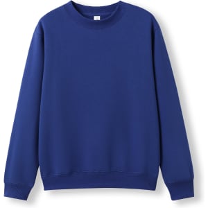 A blue crew neck jumper with long sleeves and ribbed cuffs. It features a simple design and has a branding logo.