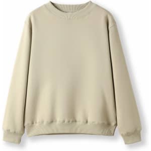 A beige kids' crew neck jumper with long sleeves and a relaxed fit, featuring a ribbed neckline and cuffs.
