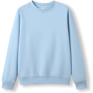 A light blue crew neck jumper with ribbed cuffs and hem, featuring a plain design and a branding logo.