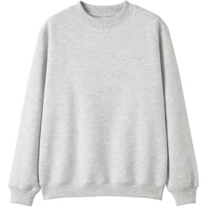 A grey crew neck jumper featuring long sleeves and ribbed cuffs, ideal for kids. It includes a logo.