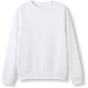 A white crew neck jumper with long sleeves and ribbed cuffs, featuring a simple design and a logo.