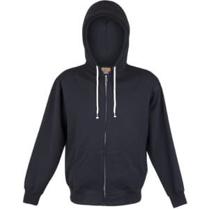 A black zip hoodie with a hood, featuring a front zipper and drawstrings. It has long sleeves and a relaxed fit.