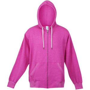 A pink zip hoodie with long sleeves and a hood, featuring a front zipper and pockets. It has a logo.