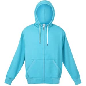 A turquoise zip hoodie featuring a front pocket and a hood, with a logo on the chest.
