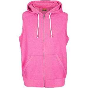 A pink sleeveless zip hoodie featuring a hood and front pockets, part of the Greatness Range.