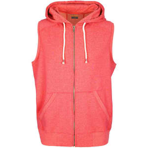 A sleeveless hoodie in a vibrant coral colour with a zip front and two side pockets. Features a hood and branding.