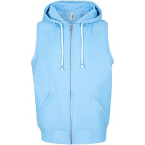 A sleeveless zip hoodie in light blue, featuring a hood and front pockets, with a branded logo.