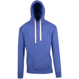 A blue men's brushed heavy fleece hoodie with a front pocket and light-coloured drawstrings.