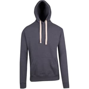 A grey men's brushed heavy fleece hoodie with a front pocket and cream-coloured drawstrings. It has a logo on it.