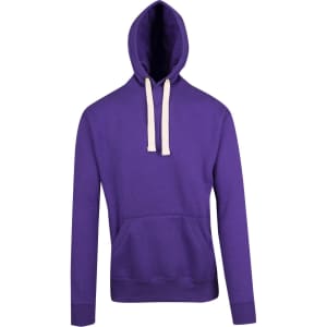 A purple mens brushed heavy fleece hoodie with a front pocket and contrasting drawstring. Features a logo.