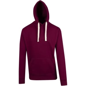 A maroon men's brushed heavy fleece hoodie with a front pocket and white drawstrings. Features a logo.