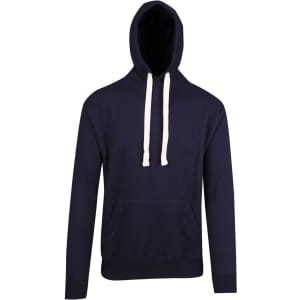 A navy blue men's hoodie with a front pocket and drawstring hood. It features a logo but no visible text.