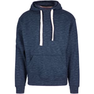 A navy blue men's brushed heavy fleece hoodie with a pouch pocket and drawstring hood, featuring a logo.