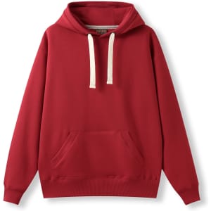 A red men's brushed heavy fleece hoodie with a front pocket and drawstring hood. It has a logo on the front.