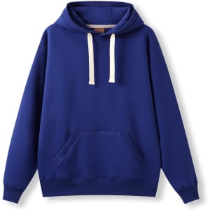 A blue men's brushed heavy fleece hoodie with a front pocket and a hood. It features a contrasting drawstring.