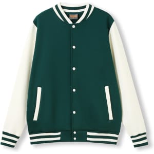 A green and cream Men's Varsity Jacket with a button-up front and striped cuffs. It features pockets and a logo.