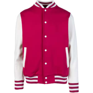 A mens varsity jacket in vibrant pink and white, featuring a branded logo and striped cuffs.