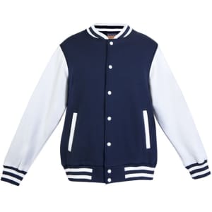 A navy blue and white men's varsity jacket featuring a button-up front and striped cuffs. It includes a logo.