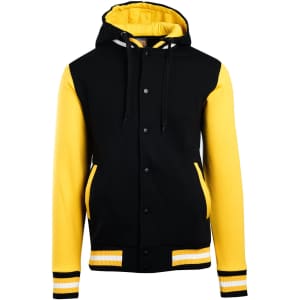A women's varsity jacket and hood in black and yellow, featuring a logo and contrasting striped cuffs.