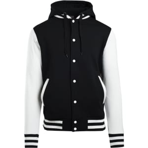 A black and white men's varsity jacket with a hood, featuring a front button closure and striped cuffs.