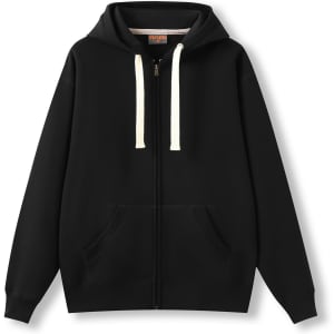 A black zip fleece hoodie with a hood and contrasting white drawstrings. It features front pockets and is unadorned.