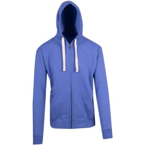 A blue brushed heavy zip fleece hoodie with a front zipper, drawstring hood, and two side pockets.