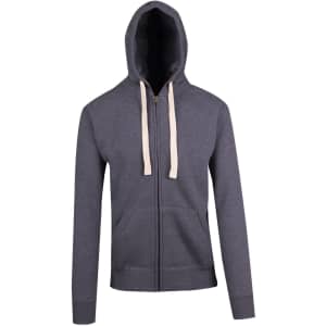 A grey men's brushed heavy zip fleece hoodie featuring a hood and cream-coloured drawstrings.
