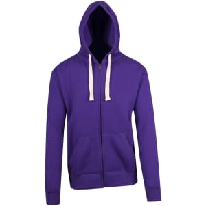 A purple zip fleece hoodie with a hood, featuring a front pouch pocket and drawstring details. It has a logo.