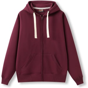 A burgundy men's brushed heavy zip fleece hoodie featuring a front pocket and a contrasting hood drawstring.