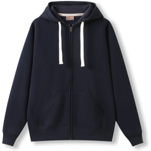A navy brushed heavy zip fleece hoodie with a front pocket and drawstring hood, featuring a logo.