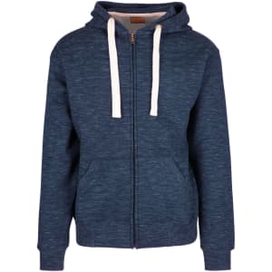 A navy blue men's brushed heavy zip fleece hoodie with a hood, front pockets, and contrasting drawstrings.