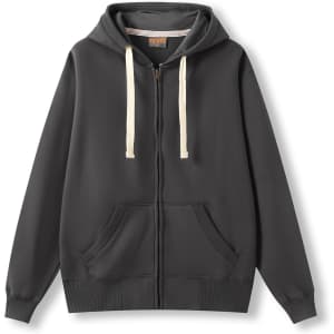 A navy brushed heavy zip fleece hoodie with a hood, drawstrings, and front pockets. Features a logo on the chest.