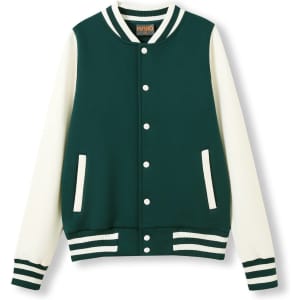 A women's junior varsity jacket in dark green with cream sleeves and striped cuffs. Features a logo on the front.
