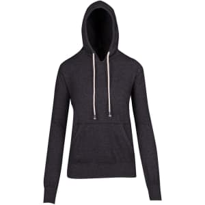 A dark grey hoodie featuring a front pocket, drawstrings, and a logo on the front.