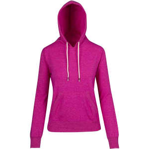 A pink heather hoodie with a front pouch pocket and white drawstrings. It features a hood and long sleeves.