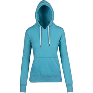 A turquoise women's hoodie with a front pocket and drawstring hood. It features long sleeves and a casual design.
