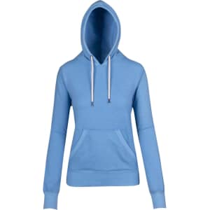 A blue women's hoodie featuring a front pocket and a drawstring hood, with a logo on the chest.