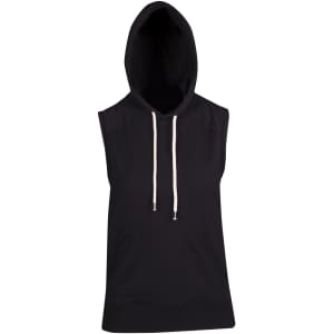 A black sleeveless hoodie with a hood and front pocket, featuring a simple design.