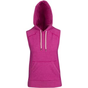 A sleeveless hoodie in a bright pink heather fabric, featuring a front pocket and a hood.