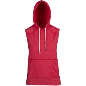 A sleeveless hoodie in a vibrant red heather hue, featuring a hood and a front pocket, with a logo present.