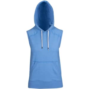 A sleeveless hoodie in light blue with a hood and a front pocket, featuring a logo.