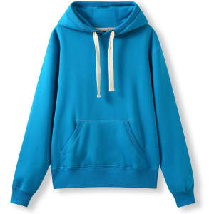 A blue women's heavy fleece hoodie featuring a front pocket and a hood with cream drawstrings.