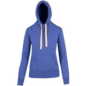A heavy fleece hoodie in blue with a front pocket and contrasting drawstrings. Features a logo on the chest.