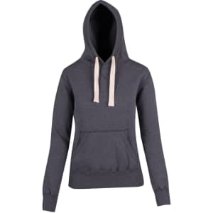 A heavy fleece hoodie in dark grey featuring a front pocket and a hood with contrasting drawstrings.