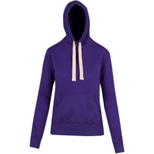 A purple women's/juniors heavy fleece hoodie with a front pocket and a drawstring hood. Features a logo on the front.