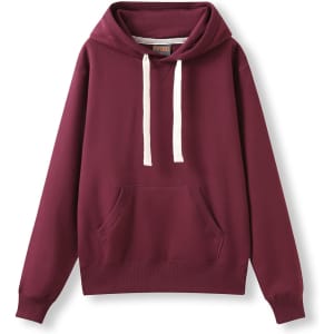 A burgundy heavy fleece hoodie featuring a front pocket and a hood with cream drawstrings. It has a logo visible.