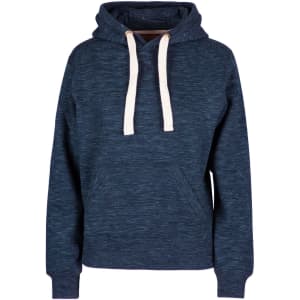 A navy blue women's juniors heavy fleece hoodie with a front pocket and drawstring hood. It features a logo.