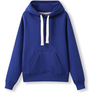 A blue heavy fleece hoodie with a front pocket and a drawstring hood. Features a logo on the front.